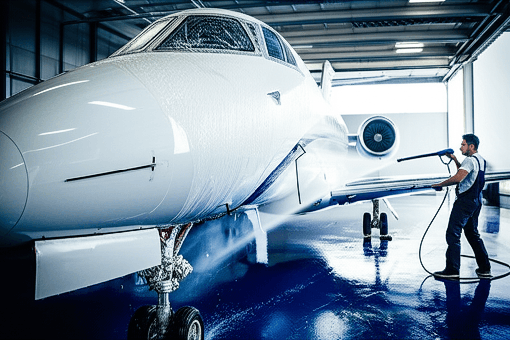 Professional exterior aircraft wash in progress